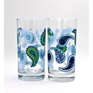 Libbey Crisa Paisley Lime Green And Blue Tumbler Glasses Set Of 2  Vintage